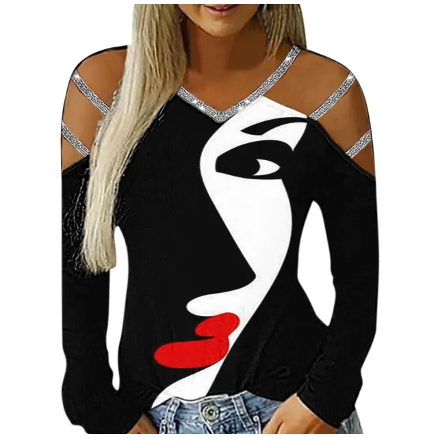 Ladies Casual V Neck Printed Cutout Off Shoulder Long Sleeve T Shirt Black - Shop at LoveMi