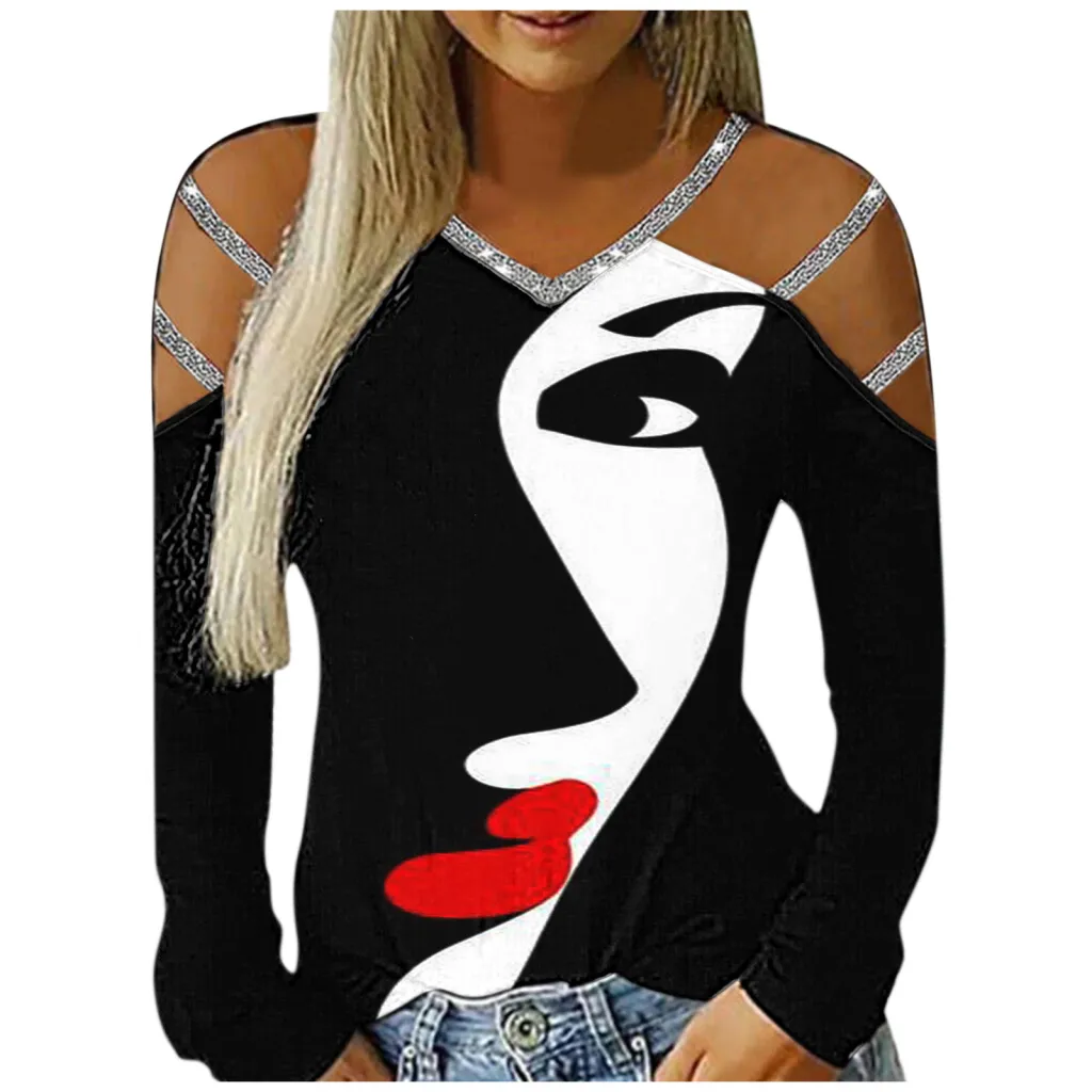 Ladies Casual V-Neck Printed Cutout Off Shoulder Long Sleeve T-Shirt - Black