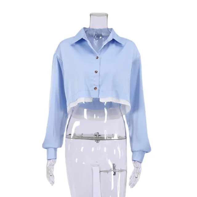 European And American Long Sleeve Short Patchwork Contrast Shirt Blue - Shop at LoveMi