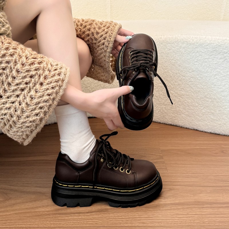 Brown Retro British Style Leather Shoes Women 2026 Summer New Platform Height Increasing Versatile Flats Martin Shoes