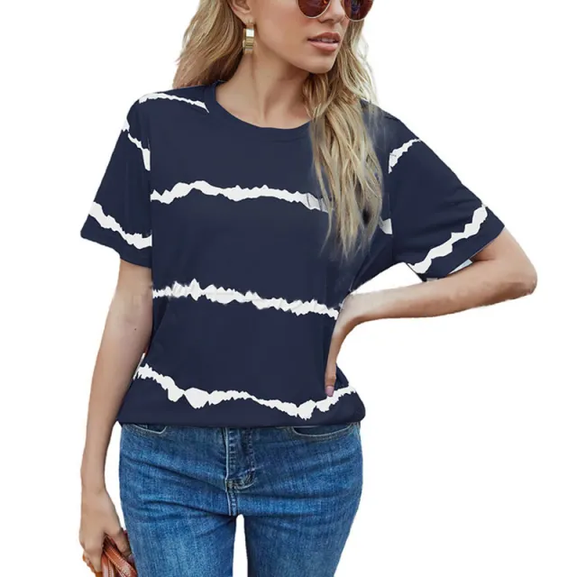 Casual Fashion Striped Print Short Sleeve T Shirt Ladies Top Dark Blue - Shop at LoveMi