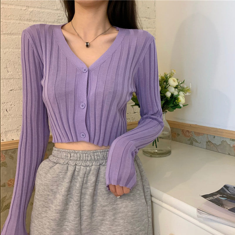 Solid Color V-Neck Knit Button Cardigan Short Long Sleeves