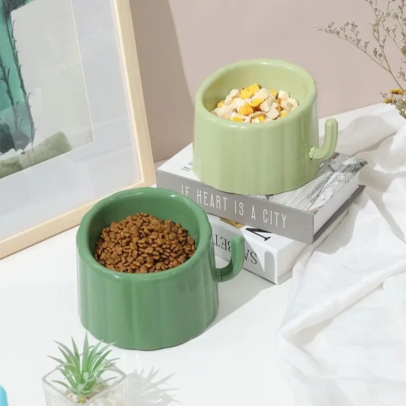 New Solid Color High-Stand Cater Bowl For Cats Large Mouth Anti-Overturn Anti-Slip Cat Bowl With Cactus Design