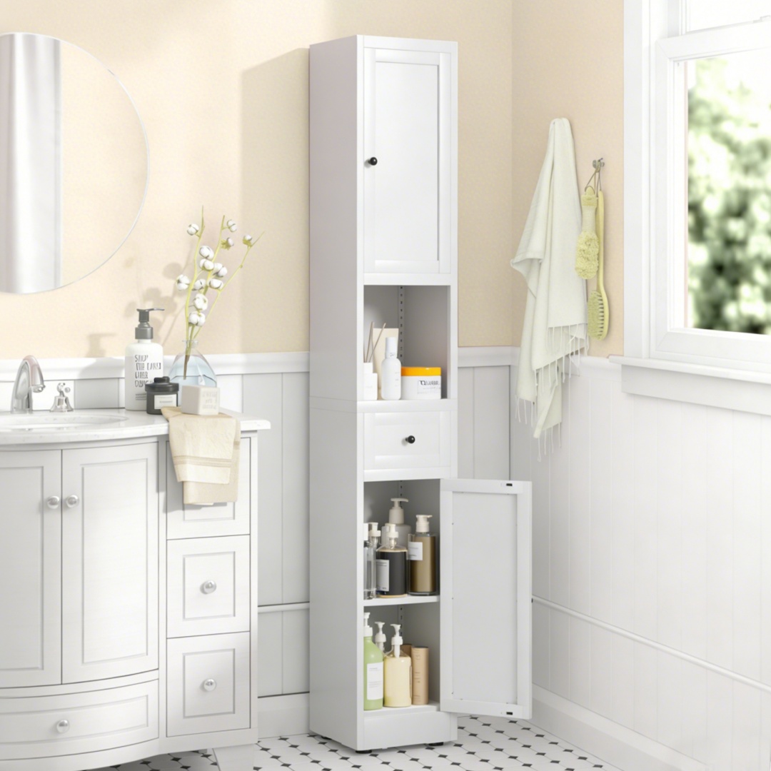 71in Tall Corner Storage Cabinet With 2 Doors, 5-Tier Metal Cabinet With Adjustable Shelves, Freestanding Kitchen Storage For Pantry, Living Room, Bathroom, Laundry Room, Space Saving Furniture, White