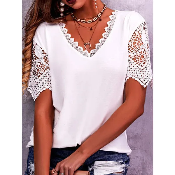 Lace Tops Women Summer Loose V Neck Short Sleeve Casual Shirts White - Shop at LoveMi