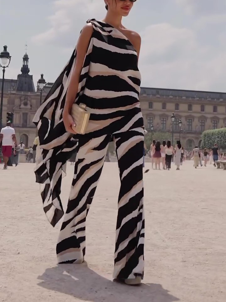 Zebra Print One Shoulder Top Irregular Hem Wide Leg Pants Suit