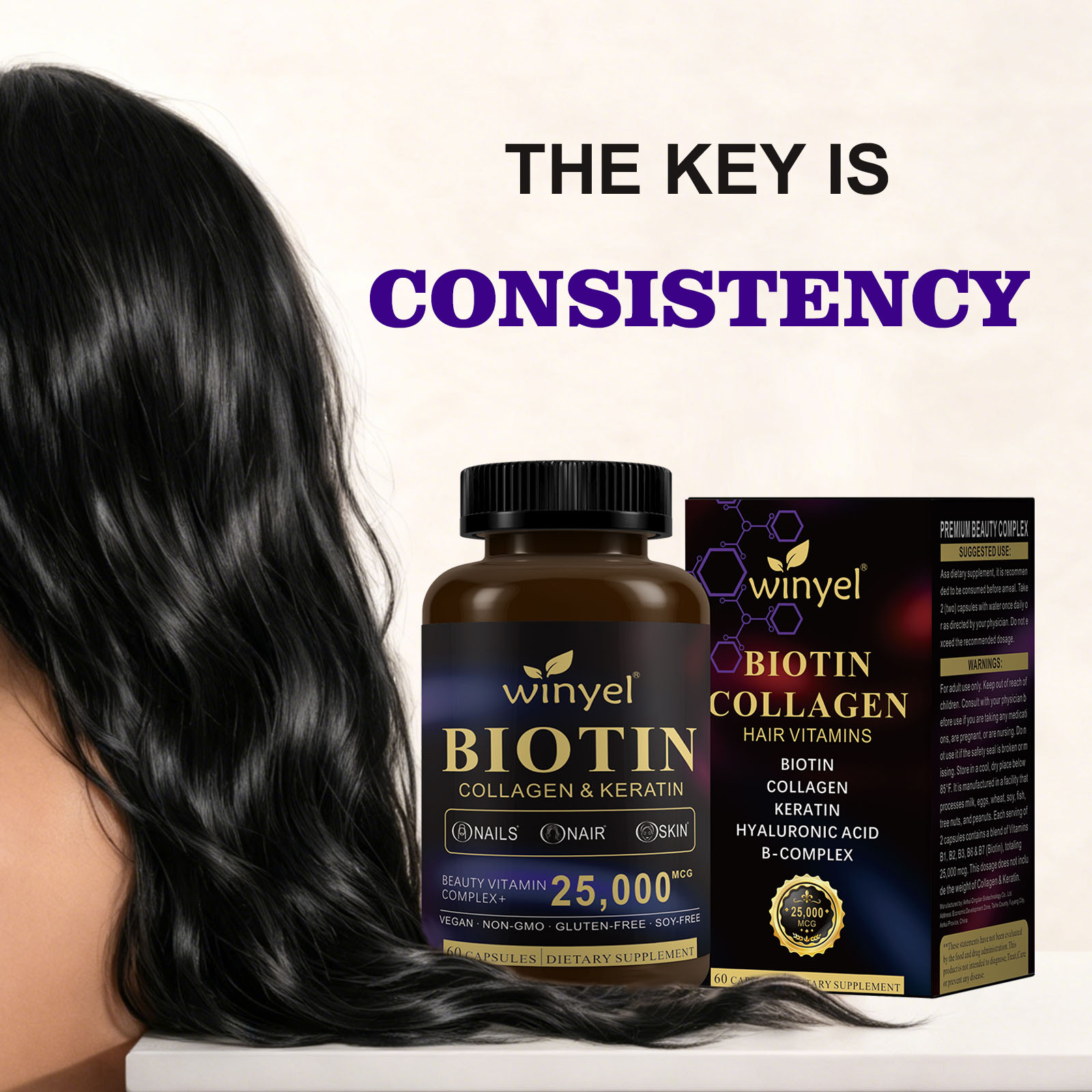 Biotin  Collagen  Hyaluronic Acid  Keratin - Support Normal Hair Growth Cycle - Skin & Nails - 25000mcg Vitamins B1, B2, B3, B6 & B7 - For Women & Men 60 Capsules