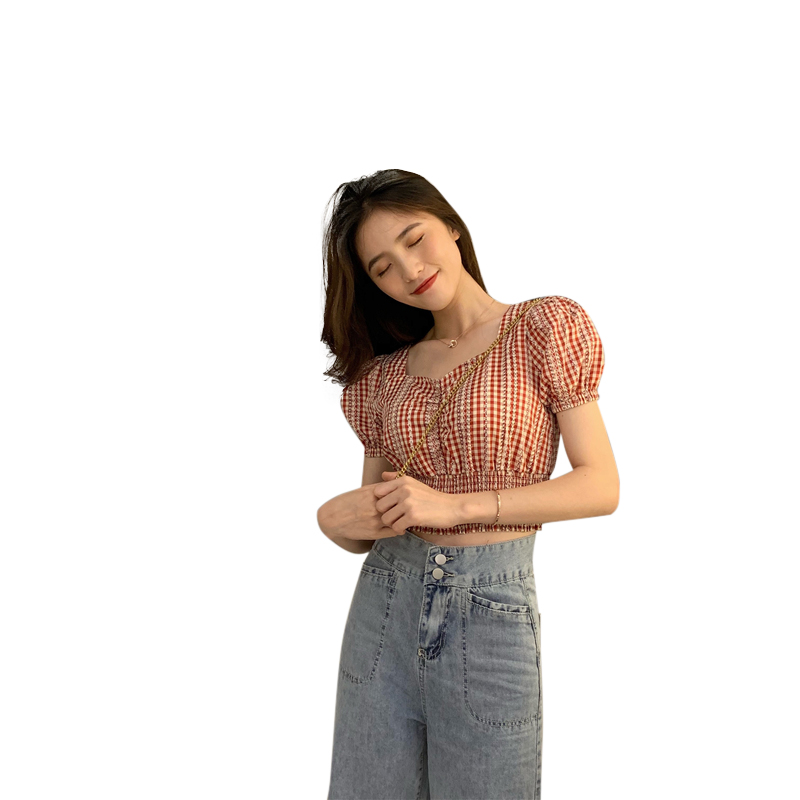 Plaid Puff Sleeve Short Shirt With Square Collar
