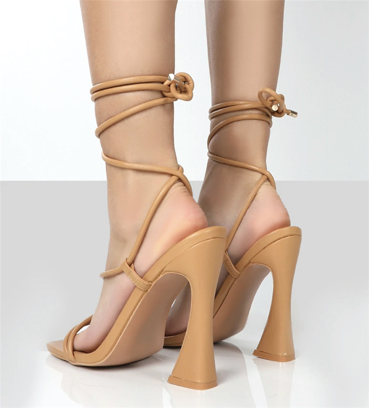 Women's Roman Strappy Chunky High heeled Square toe Sandals Apricot - Shop at LoveMi