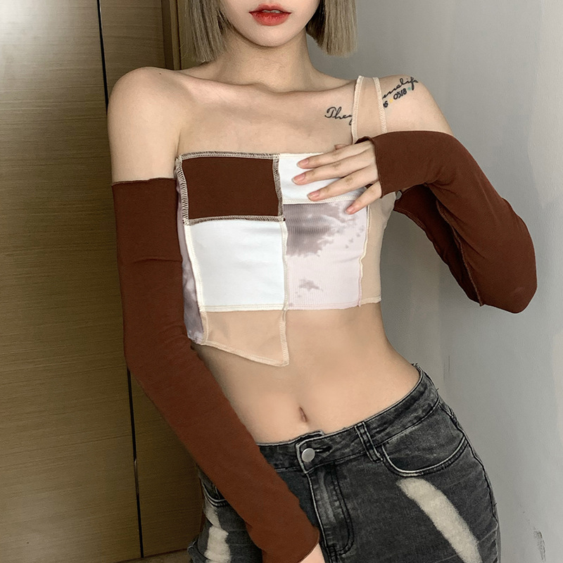 Contrasting Color One-shoulder Top With Sleeves Women