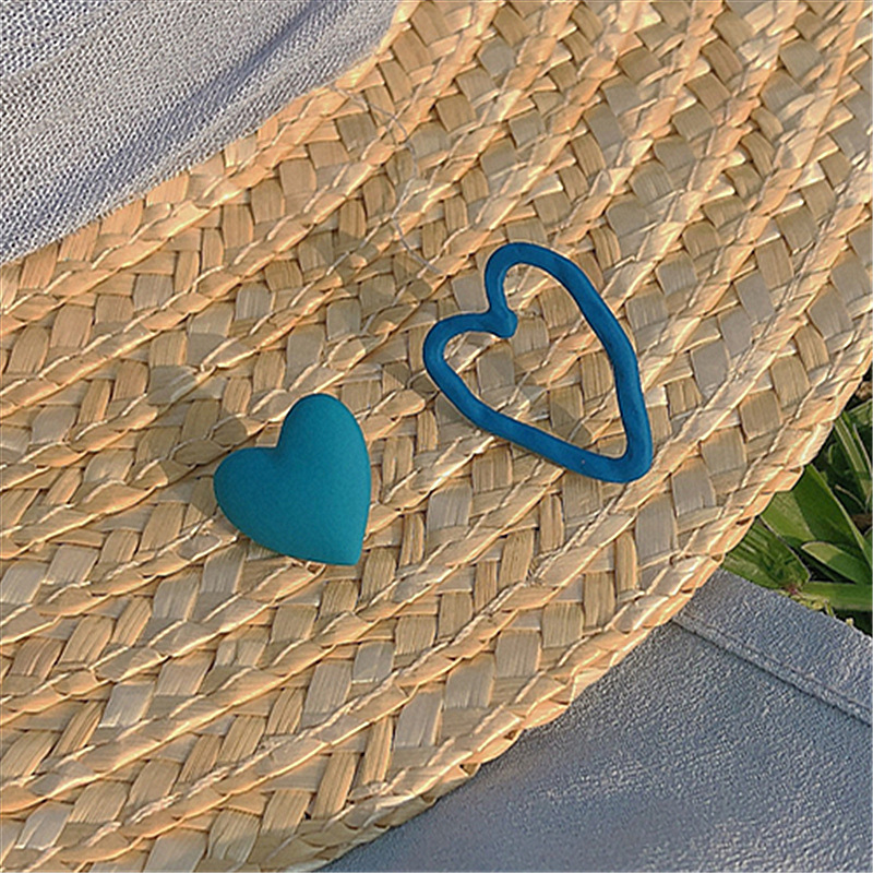 Silver Needle Blue Peach Heart Asymmetrical Stud Earrings