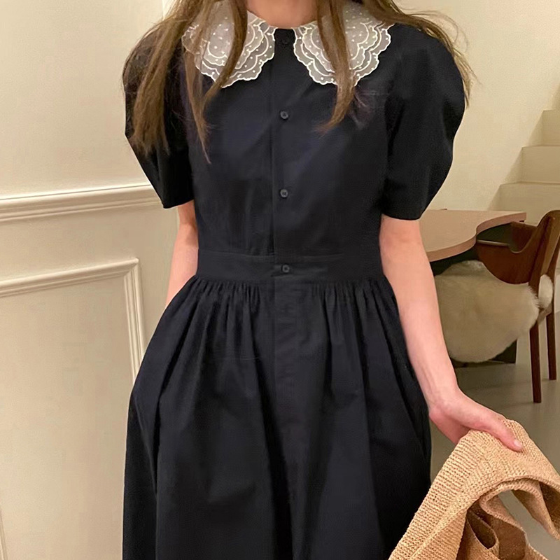 Double Petal Doll Collar Button Waist Puff Sleeve Dress