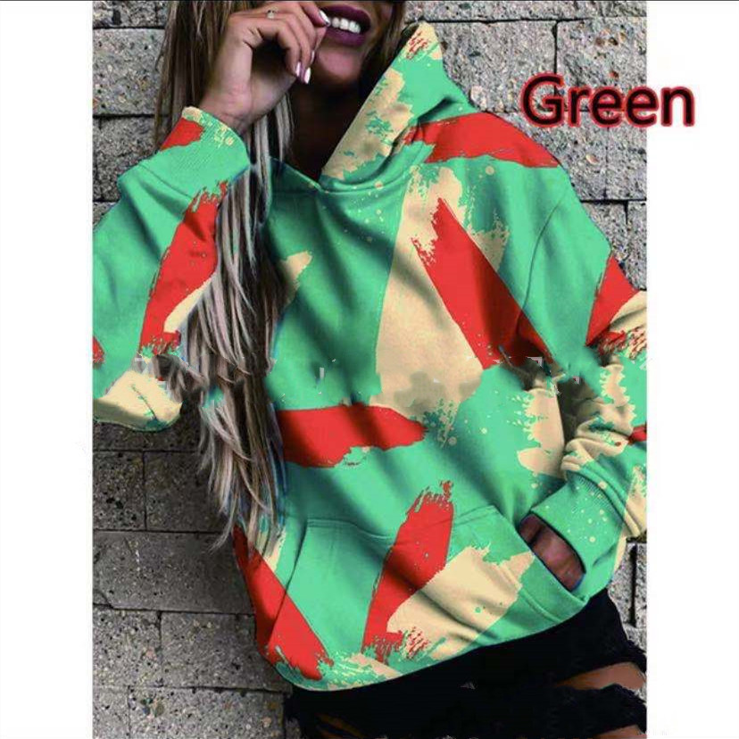 Loose Long Sleeve Pocket Print Hooded Sweatshirt