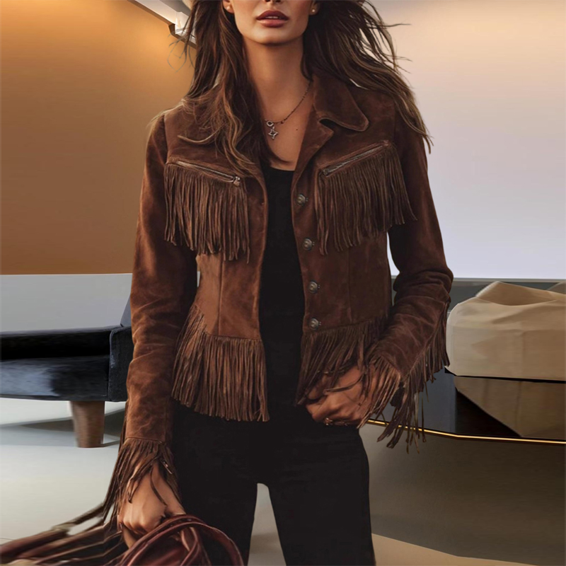 Women's Solid Color Fringe Suede Look Jacket, Western Style Long Sleeve Button Front Coat For Fall & Winter Coffee - Shop at LoveMi