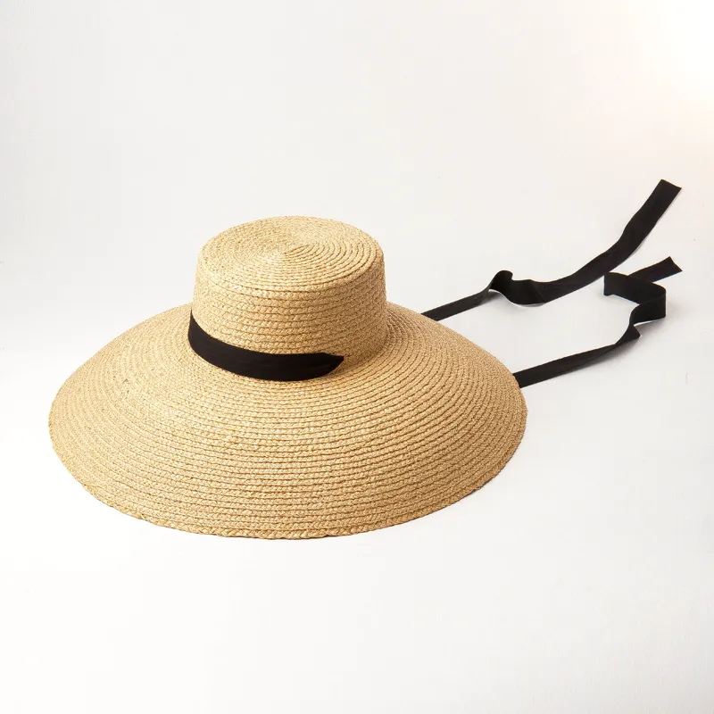 Outdoor Flat-top Curved Hand-woven Raffia Straw Hat - Black Straps
