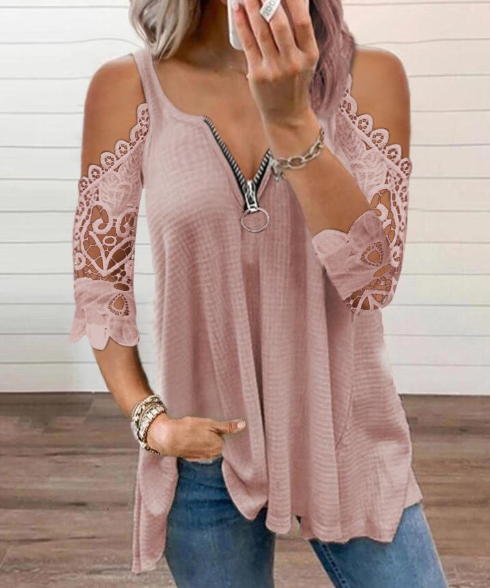 Sexy Summer Half Sleeve Lace Shirt Women Casual Zipper