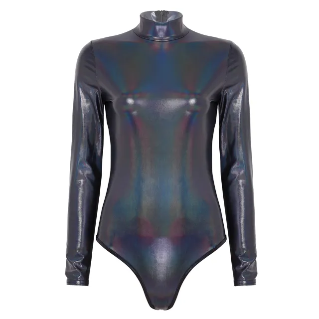Women's Patent Leather Long Sleeve Zip Bodysuit Black - Shop at LoveMi