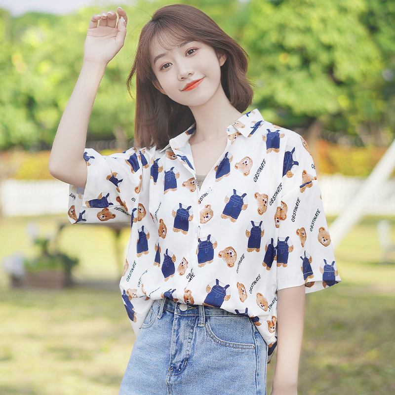Silk Kaqi Summer New Loose Bear Print Chiffon Shirt Girl Short-sleeved Harajuku Casual Floral Shirt Trend