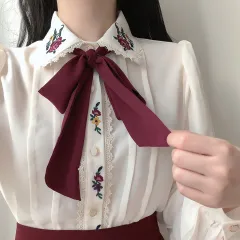 Spring And Summer Sweet Embroidered Lace Doll Collar Bow Tie Long-sleeved Shirt Blouse Female - Ivory - View 1