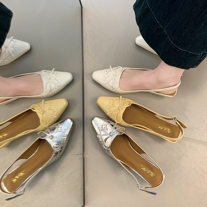 Women French Vintage Brogue Perforated Bow Slingback Flats, Pointed Toe Soft Leather Backless Slip On Minimalist Casual Daily Mule Sandals