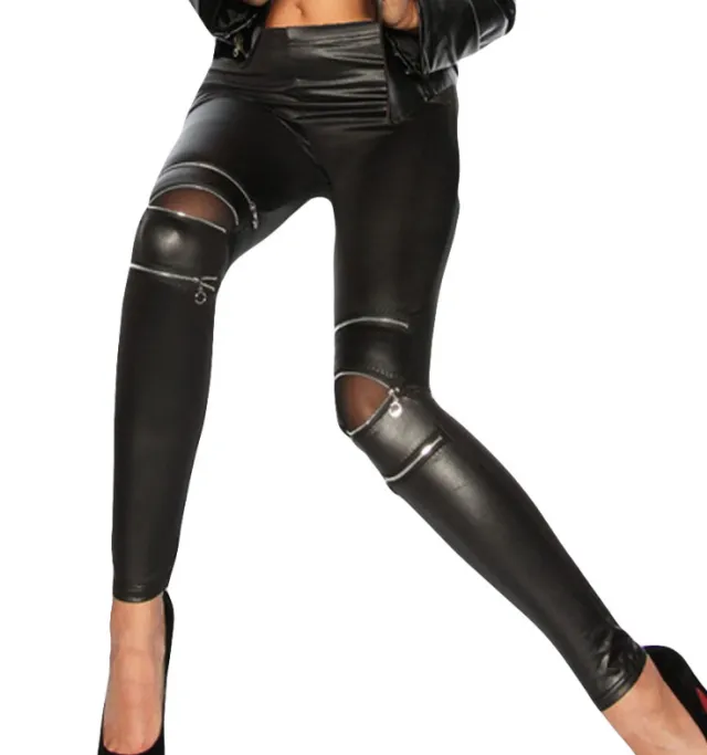 Hollow Out Women Fashion High Zippers Leggings Active Leather Pants Black - Shop at LoveMi