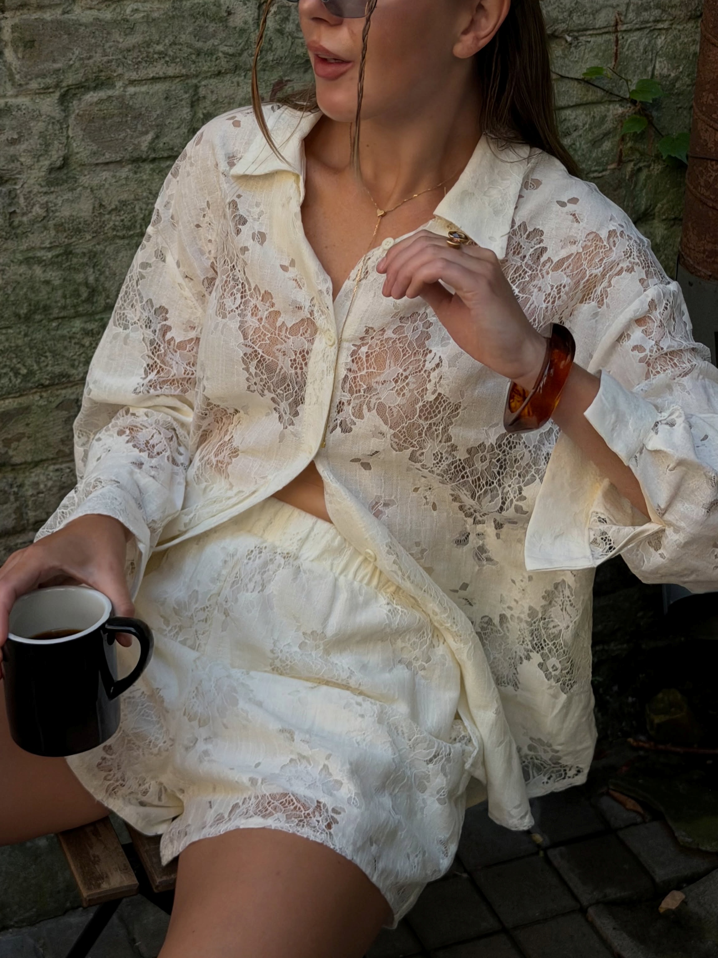 Floral Sheer Lace Oversized Shirt & Elastic Waist Lace Shorts 2-Piece Co-Ord Set