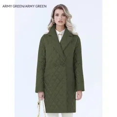Women's Lace-up Lapel Long-sleeved Plaid Long Winter Top - Army Green - View 1