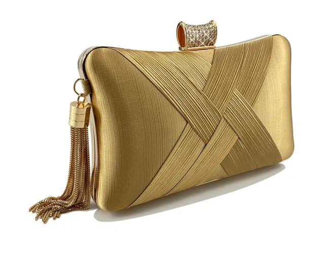Fringed Metal Braided Diamond Buckle Banquet Evening Clutch Shoulder Bag Gold - Shop at LoveMi