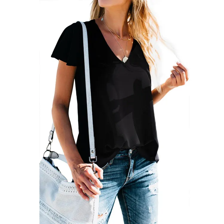 Solid Color Loose V-neck Pleated Short Sleeves - Black