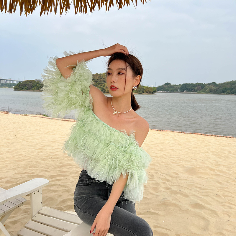 Women One-shoulder Sweet Mesh Design Sense Niche Tube Top