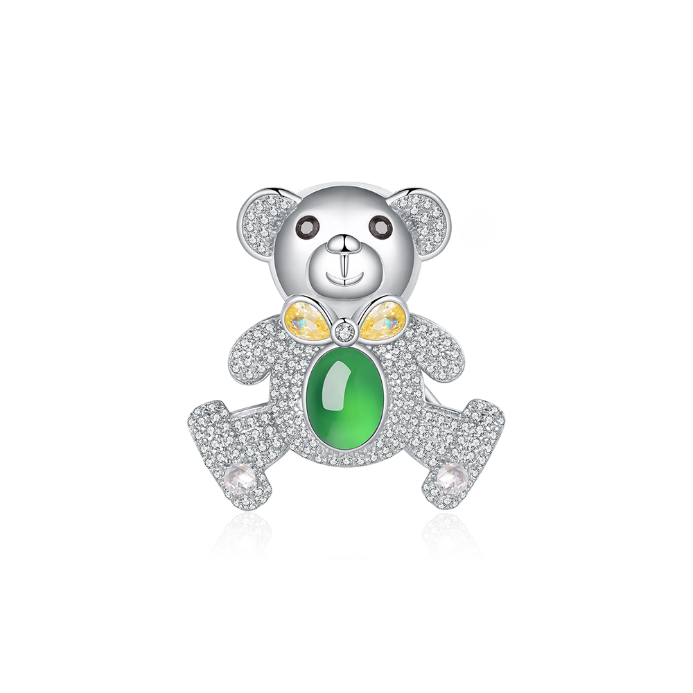 S925 Silver Pave Bear Brooch 8x6mm Oval Green Chalcedony 7g Platinum Plated Fashion Gift Box