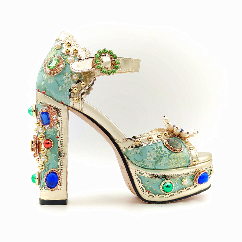 Vintage Rhinestone Leather Platform Thick Heel Baroque Fish Mouth Women's Sandals