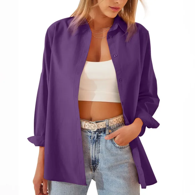 Women's Shirt Jacket Long Sleeve Blouse Button Down Tops Candy Color Shirt Purple - Shop at LoveMi