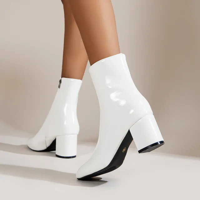 Chunky Heel Pointed Toe Boots With Side Zipper Fashion Mid calf Boot For Women Shoes White - Shop at LoveMi