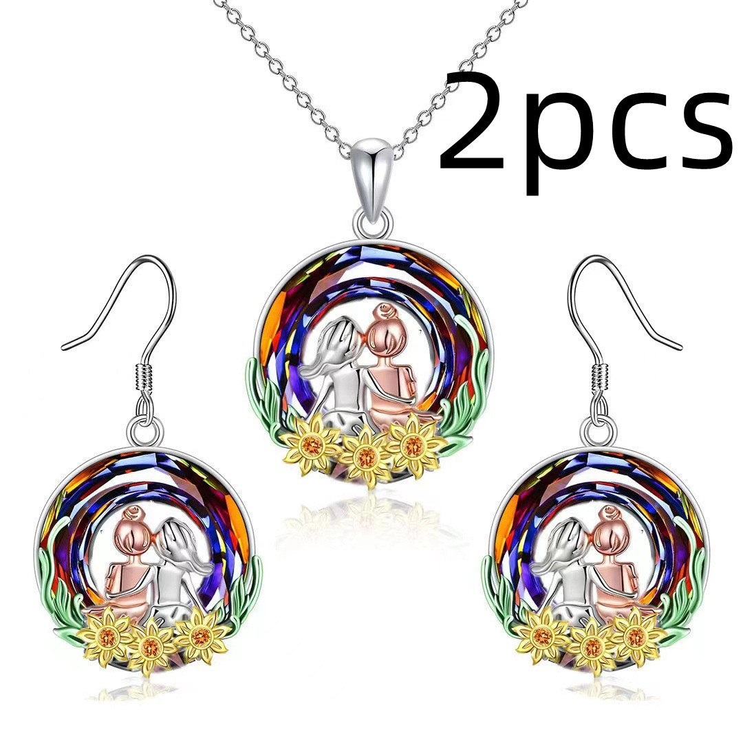 Stained Crystal Glass Sunflower Round Necklace
