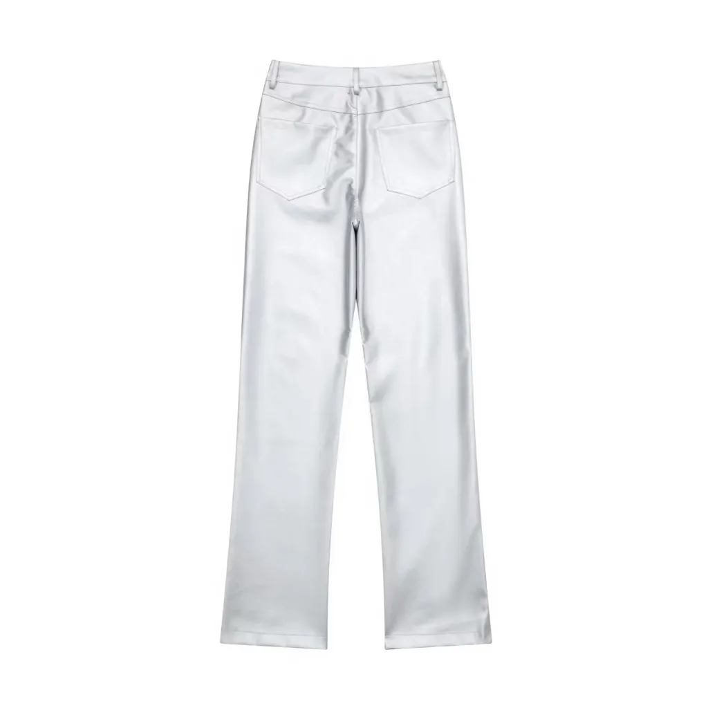 Women's High Waist Straight Casual Wide Leg Leather Pants - Picture Color-Xs
