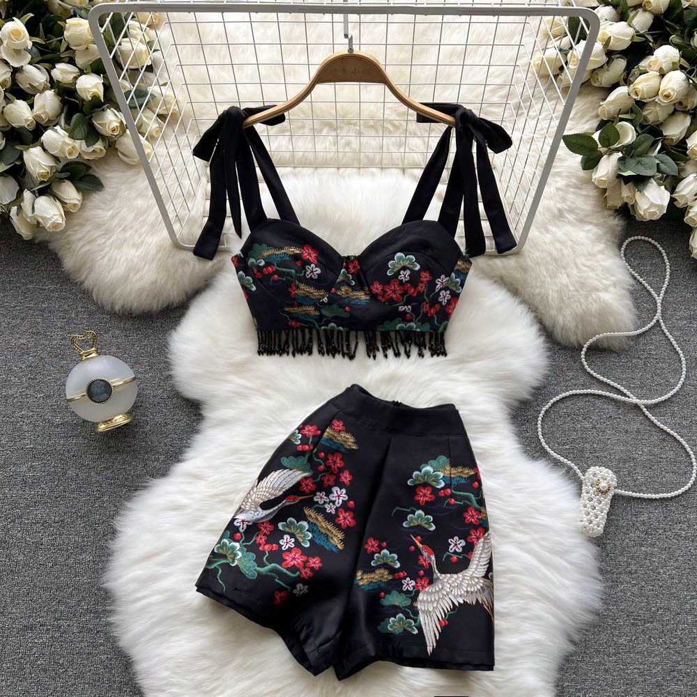 Title 5, Retro Damen Set Print Spitze Kurzes Bustier Top...