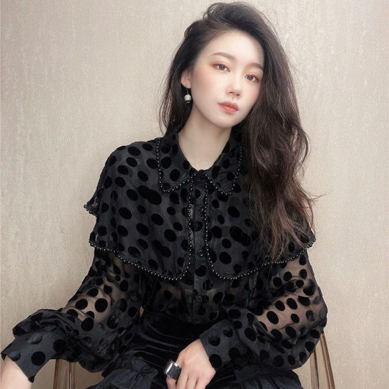 Title 4, Hollow Sexy Polka Dot Velvet Shirt Women Pearl ...