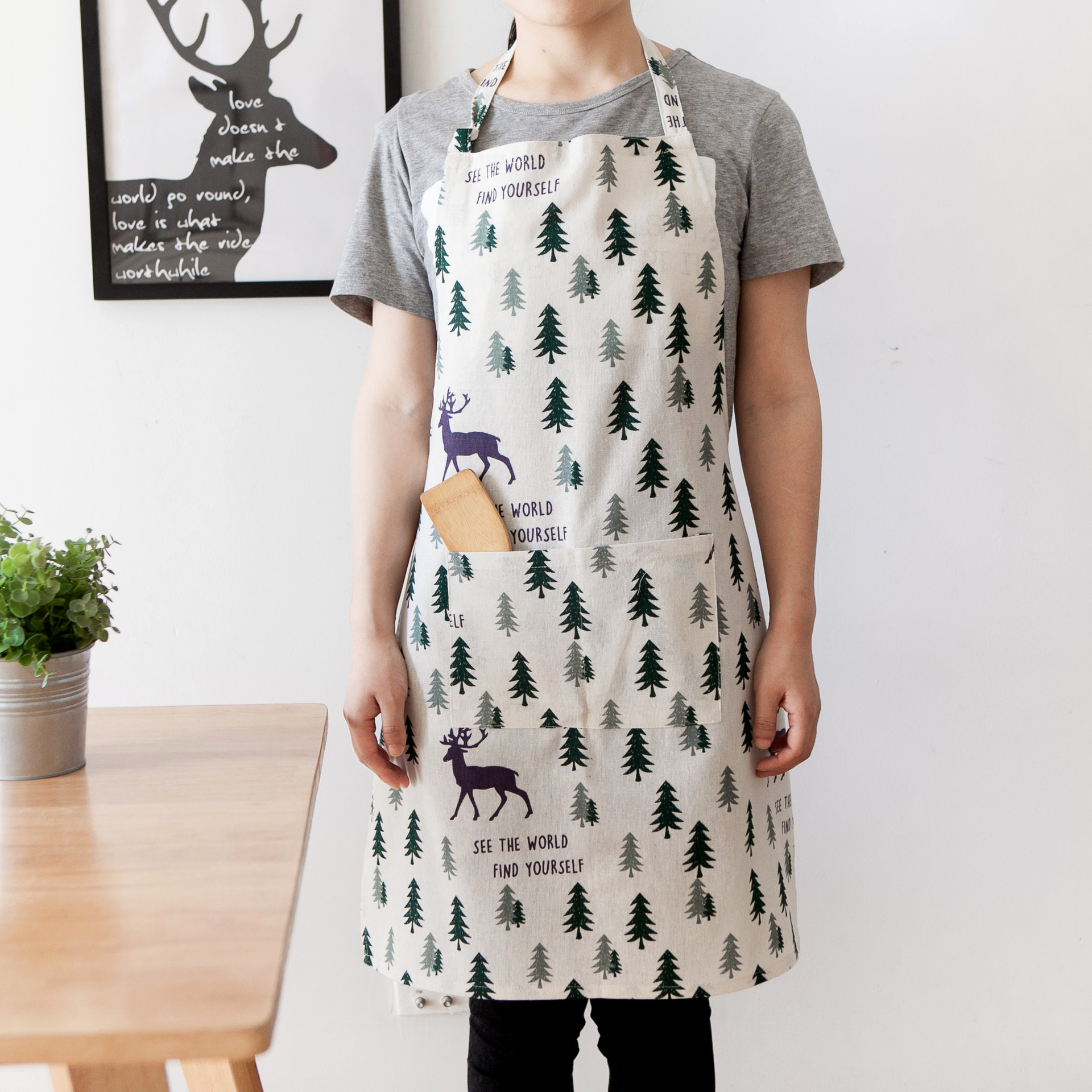 Title 9, Fawn plus cotton linen apron English printing a...