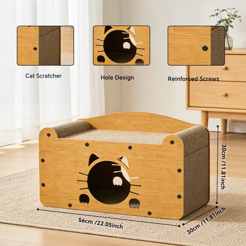 56cm Whisker Cat Shape Cat Scratcher Sofa, Wooden Cat Bed With Upper Scratcher & Lower Private Space, Cat Claw Care & Resting Toy