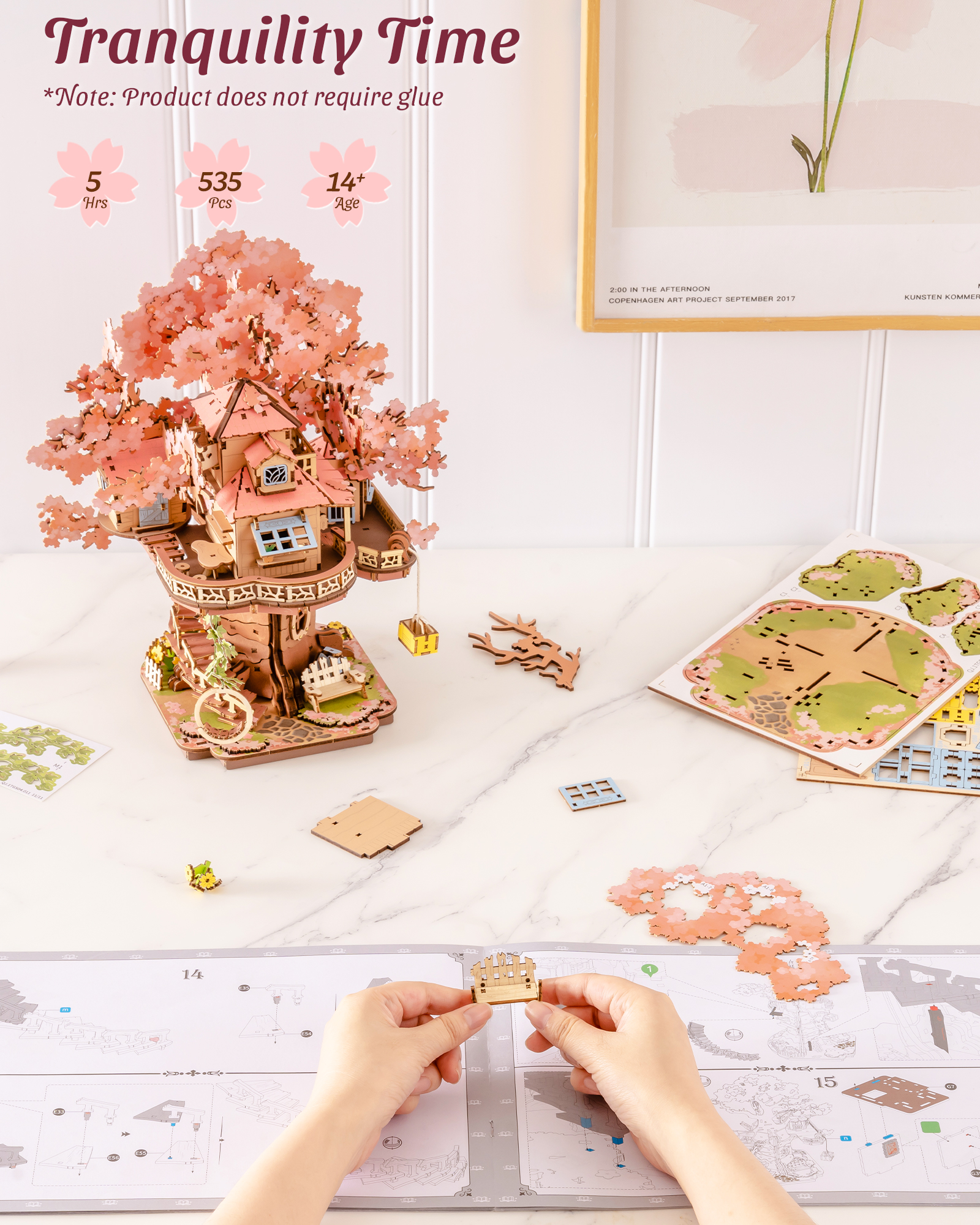 Rolife DIY Miniature Sakura House Set - Sakura Tree House, 3D Wooden Japanese Sakura Building Kit With Swing And Spiral Staircase, 535 Pieces, Bonsai Craft Home Decor Gift For Adults And Teens