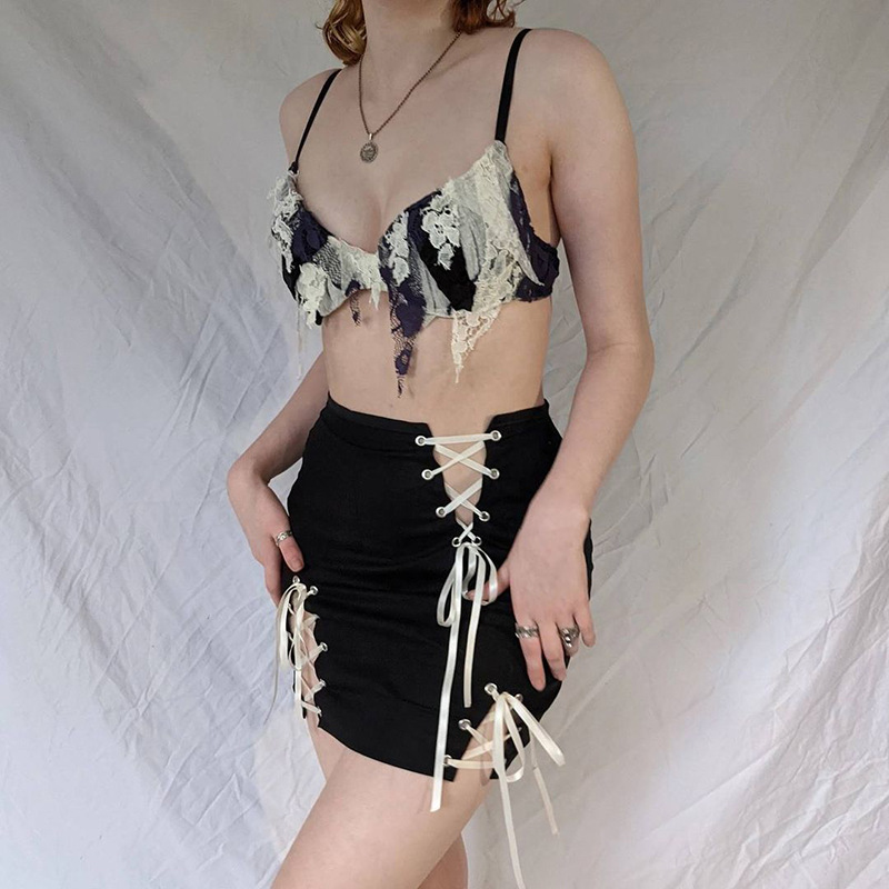 Fashion Street Hot Girl Style Lace Up Solid Color High Waist Skirt