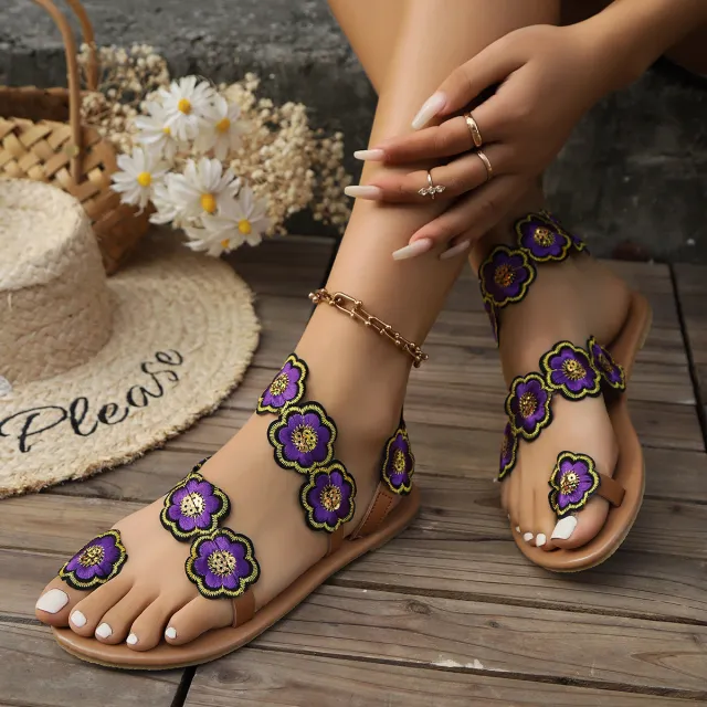 Ethnic Style Flowers Flat Sandals Summer Vacation Casual Clip Toe Beach Shoes For Women No4 Size42 - Shop at LoveMi