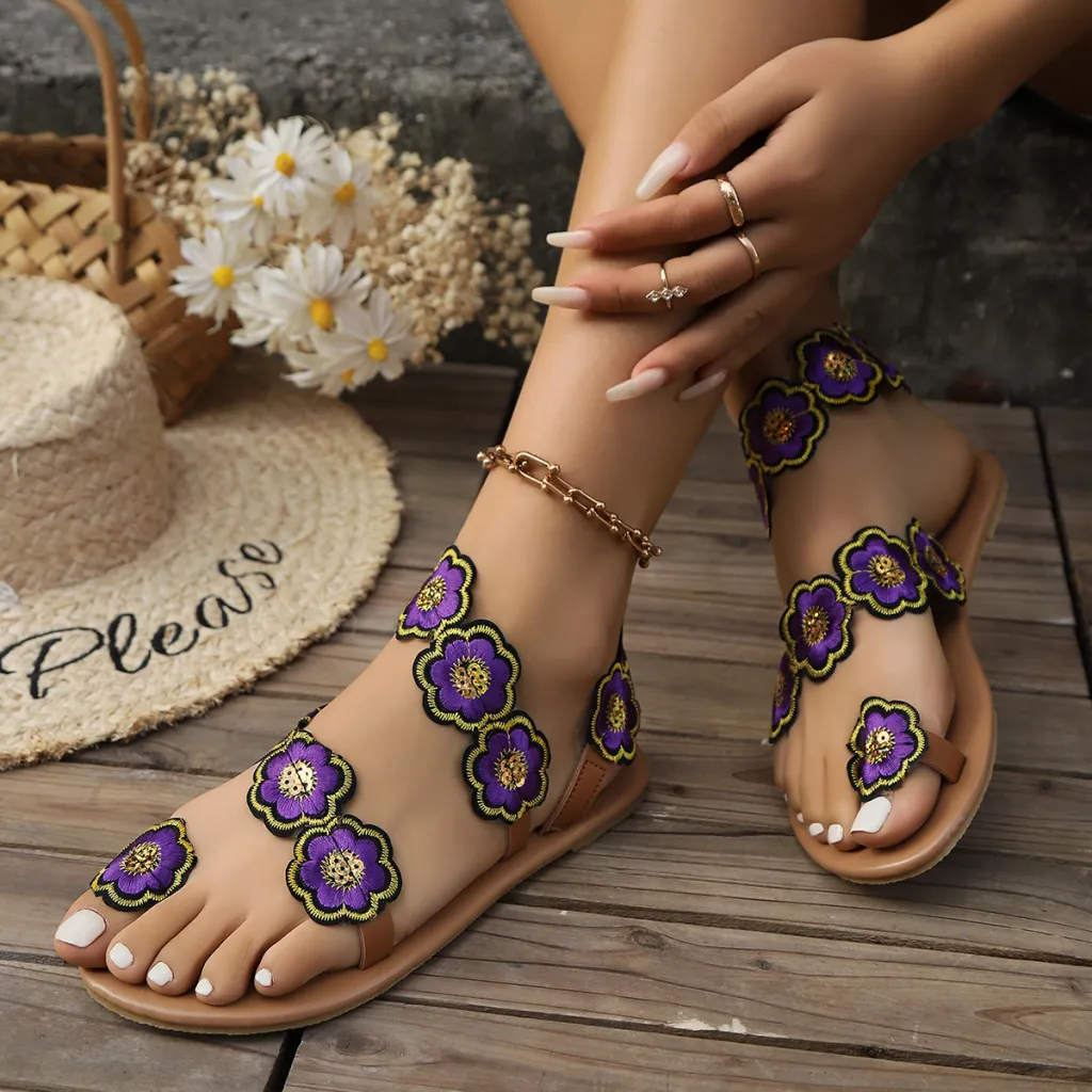 Ethnic Style Flowers Flat Sandals Summer Vacation Casual Clip Toe Beach Shoes For Women - No4-Size42