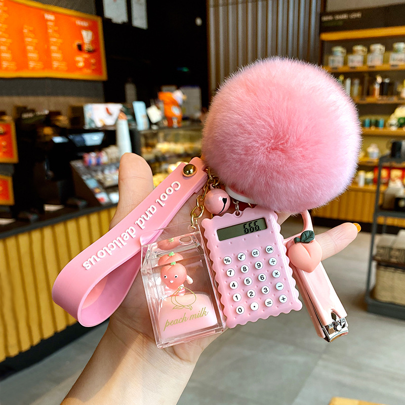 Milk Bottle Crystal Peach Milk Tea Cup Keychain Cute Fur Ball Key Chain Bag Pendant - Shop at LoveMi