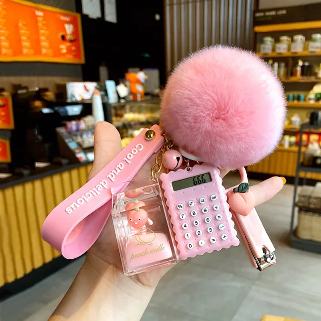 Milk Bottle Crystal Peach Milk Tea Cup Keychain Cute Fur Ball Key Chain Bag Pendant - Shop at LoveMi