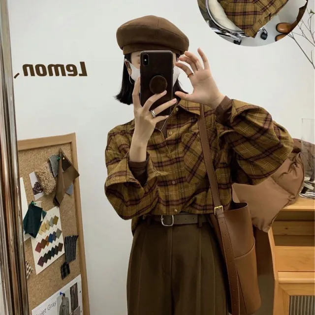 Vintage Women's Plaid Shirt Oversized Blouse Korean Fashion Long Sleeve Top Coffee - Shop at LoveMi