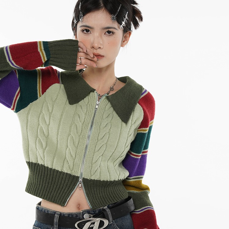 Polo Neck Design Short Zipper Sweater Cardigan