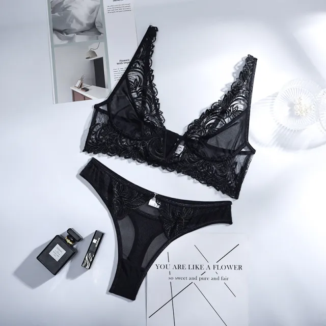 Fashion Lace V neck Perspective Split Body Shaping Lingerie Black - Shop at LoveMi
