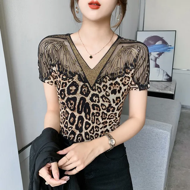 Hot Rhinestone T shirt Short Sleeve T shirt Women's Top Leopard - Shop at LoveMi